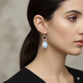 Elegant 925 Sterling Silver Dendritic Agate Pear Cabochon Earrings with Black Tourmaline – 1.9" Handmade Jewelry