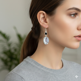 Artistic 925 Sterling Silver Dendritic Agate Oval Cabochon Earrings with Black Tourmaline – 1.9" Handmade Jewelry