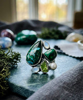 Malachite, Pearl, Peridot & Moonstone Ring – Unique Multi Gemstone Jewelry