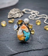Spiny Oyster Turquoise, Pearl, Citrine & Moonstone Ring – Elegant Multi Gemstone Jewelry
