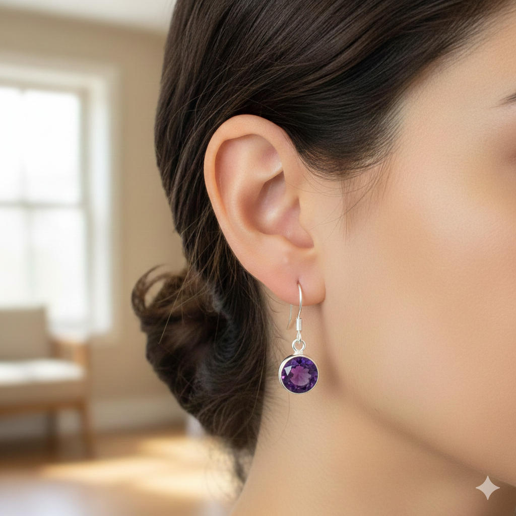 Natural Amethyst Round Cab 925 Silver Earrings