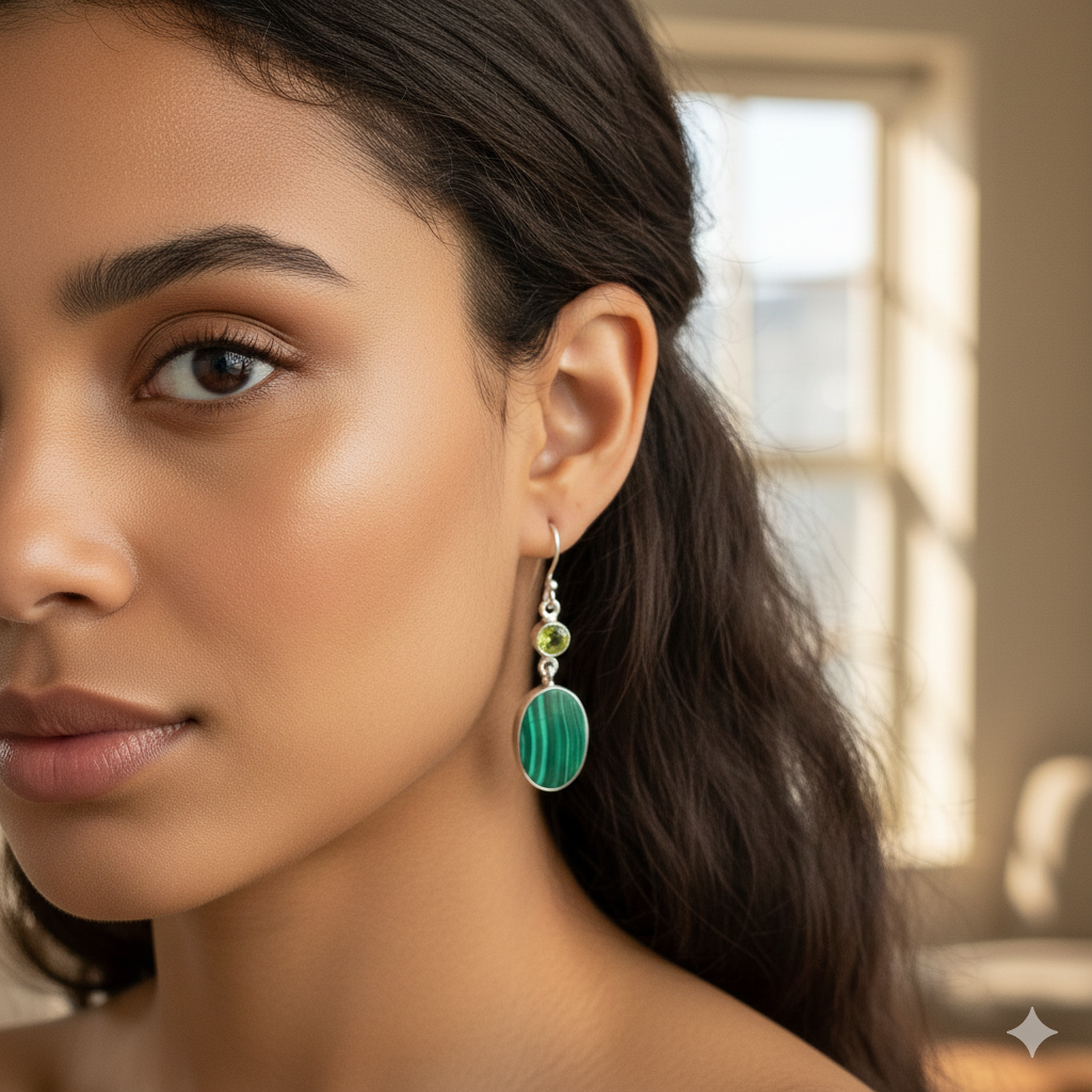 Malachite Oval Cabochon Earrings with Peridot Accent