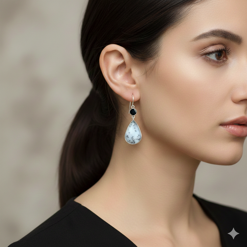 Elegant 925 Sterling Silver Dendritic Agate Pear Cabochon Earrings with Black Tourmaline – 1.9" Handmade Jewelry