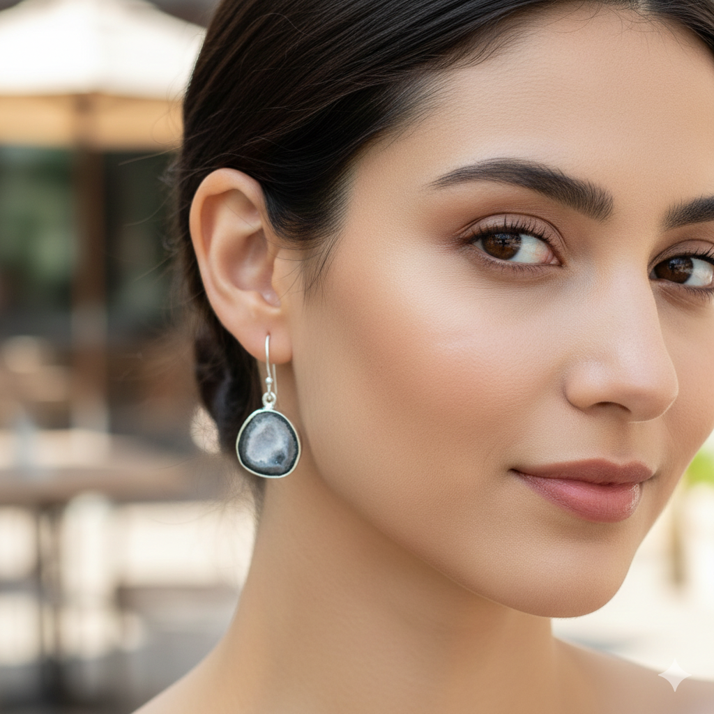 Organic 925 Sterling Silver Coconut Geode Fancy Rough Earrings – Unique 1.2" Handmade Gemstone Jewelry