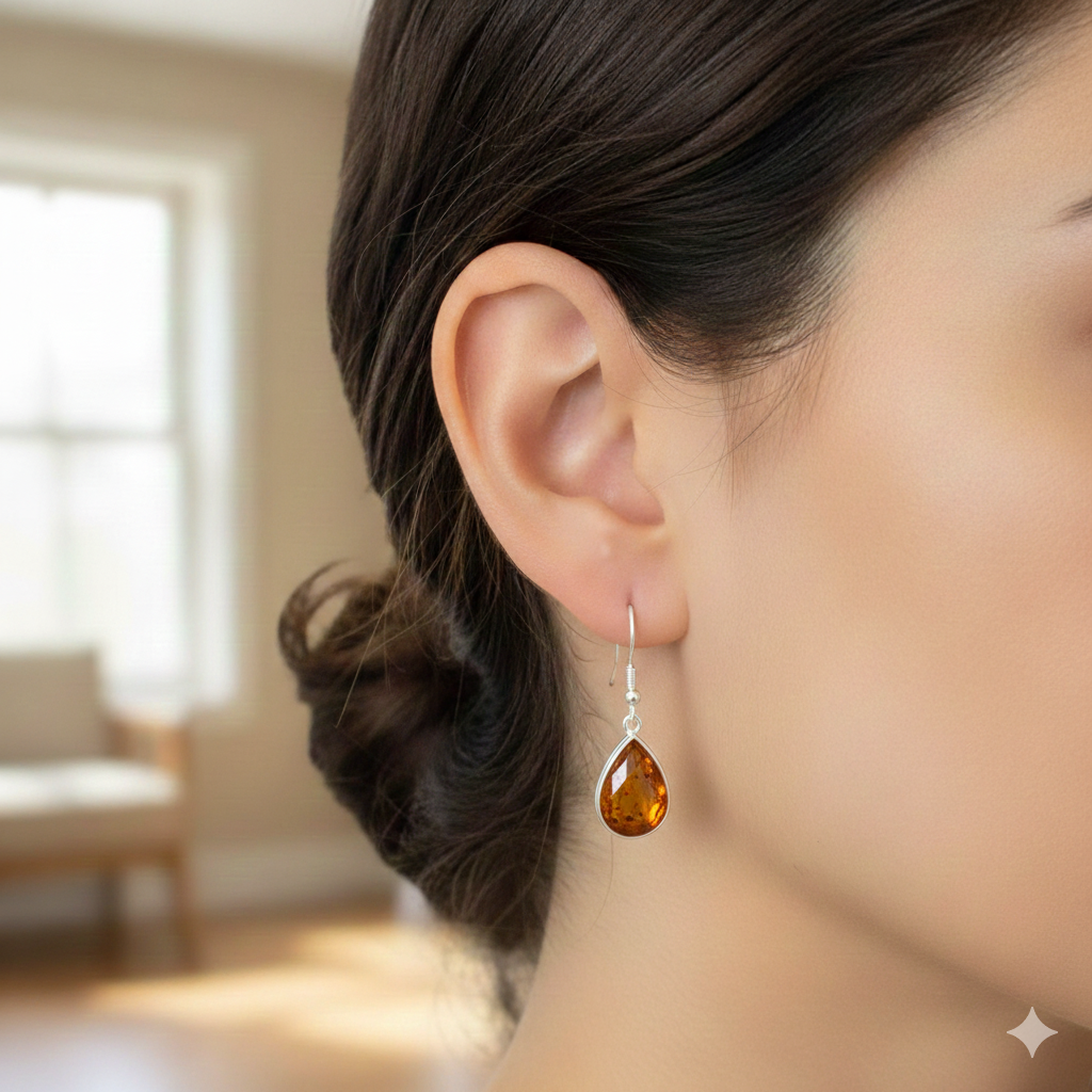 Golden Amber Pear Cab 925 Silver Earrings – Natural Warm Glow Jewelry