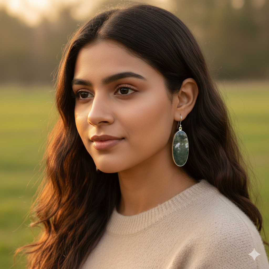 Moss Agate Oval Cabochon Earrings