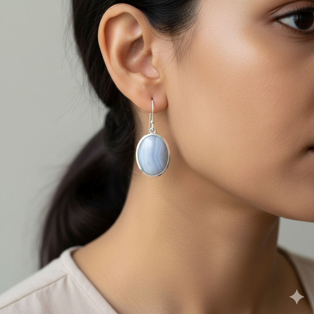 925 Sterling Silver Blue Lace Agate Oval Cabochon Earrings – Elegant 1.4" Handmade Gemstone Jewelry