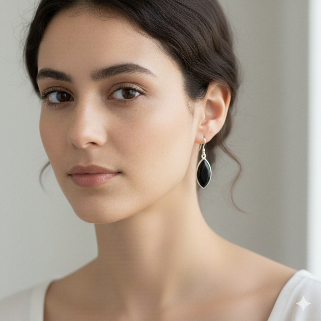 Natural Black Onyx Marquise Cabochon Earrings in 925 Sterling Silver – 1.5 Inch Handmade Gemstone Jewelry