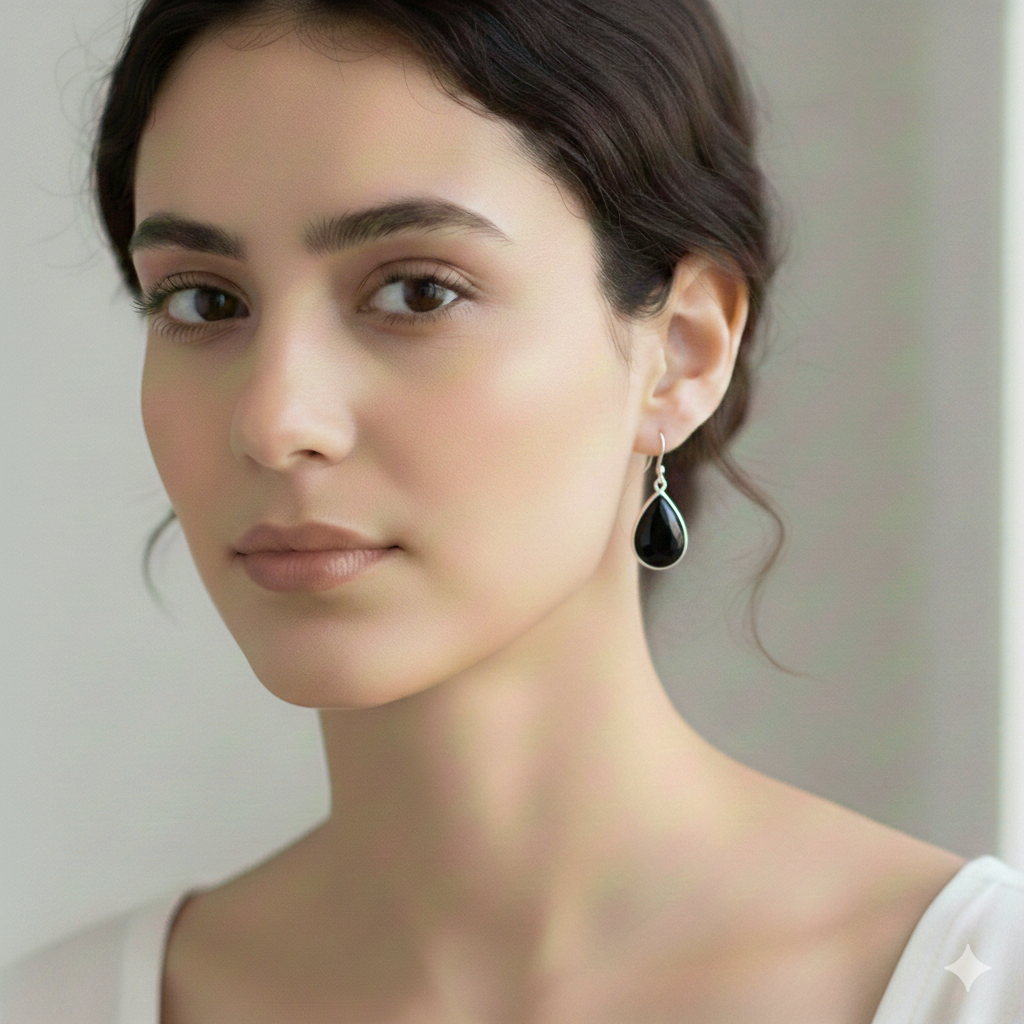Natural Black Onyx Pear Cab 925 Silver Earrings – Sleek Classic Beauty