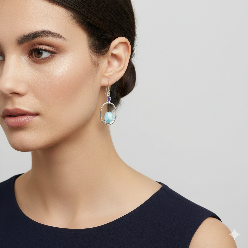 Larimar Oval Cabochon Earrings with Kyanite Accent