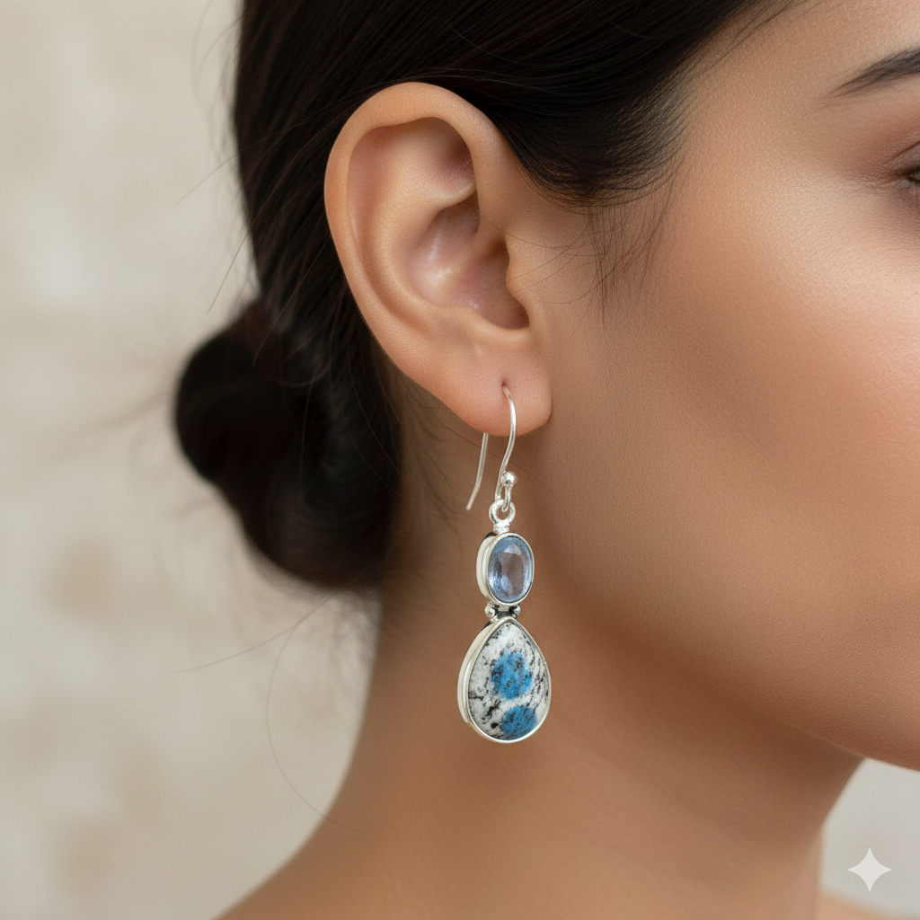 Elegant 925 Sterling Silver K2 Jasper Pear Cabochon Earrings with Kyanite Accent – 1.5" Handmade Jewelry