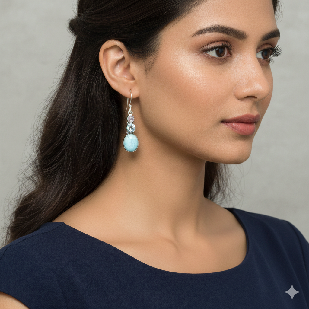 Larimar Oval Cabochon Earrings with Moonstone or Blue Topaz Accent