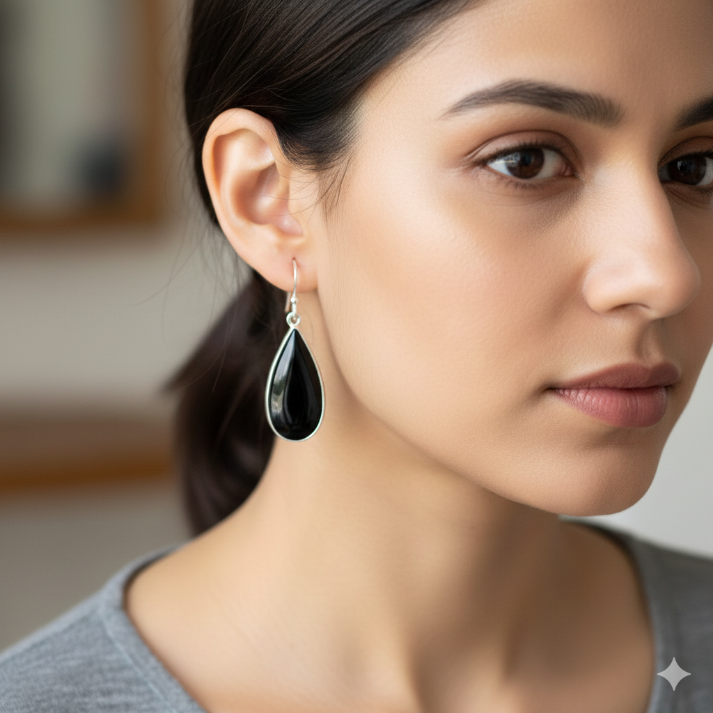 Natural Black Onyx Pear Cab 925 Silver Earrings – Bold Classic Elegance