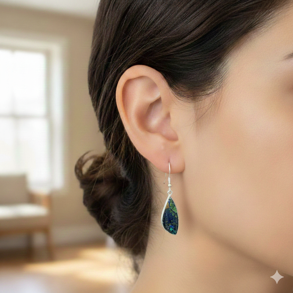 Natural Azurite Malachite Fancy Cab 925 Silver Earrings – Blue-Green Earth Art