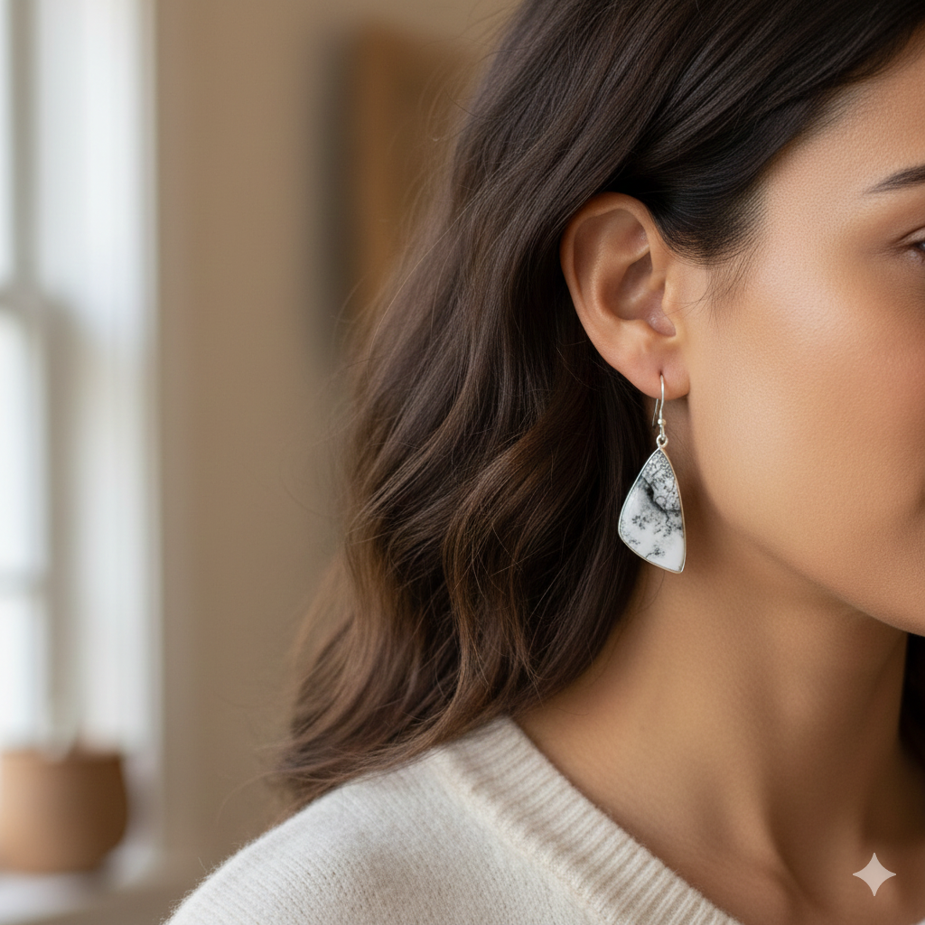 Earthy 925 Sterling Silver Dendritic Agate Fancy Cabochon Earrings – Elegant 1.9" Handmade Jewelry