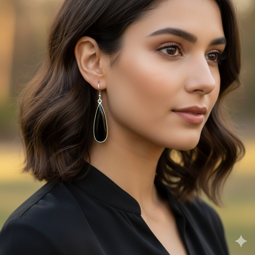 Natural Black Onyx Pear Cab 925 Silver Earrings – Elegant Long Drop Design