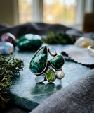 Malachite, Pearl, Peridot & Moonstone Ring – Unique Multi Gemstone Jewelry