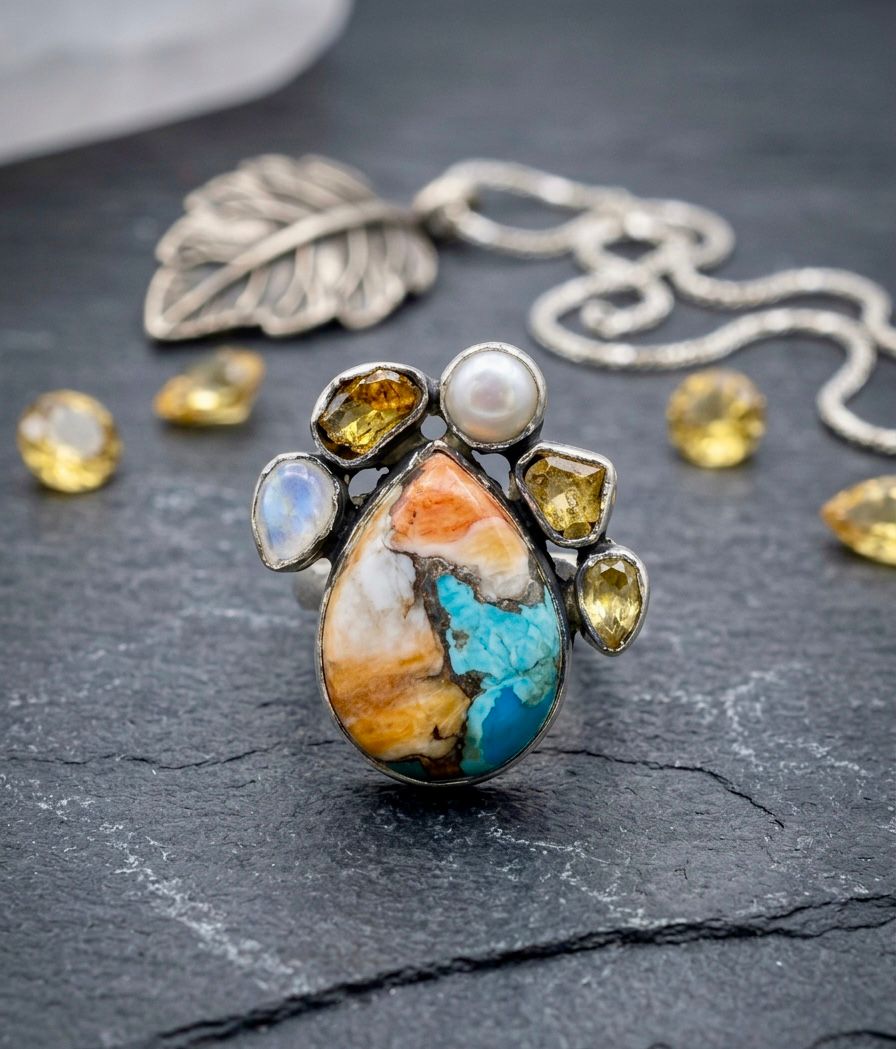 Spiny Oyster Turquoise, Pearl, Citrine & Moonstone Ring – Elegant Multi Gemstone Jewelry