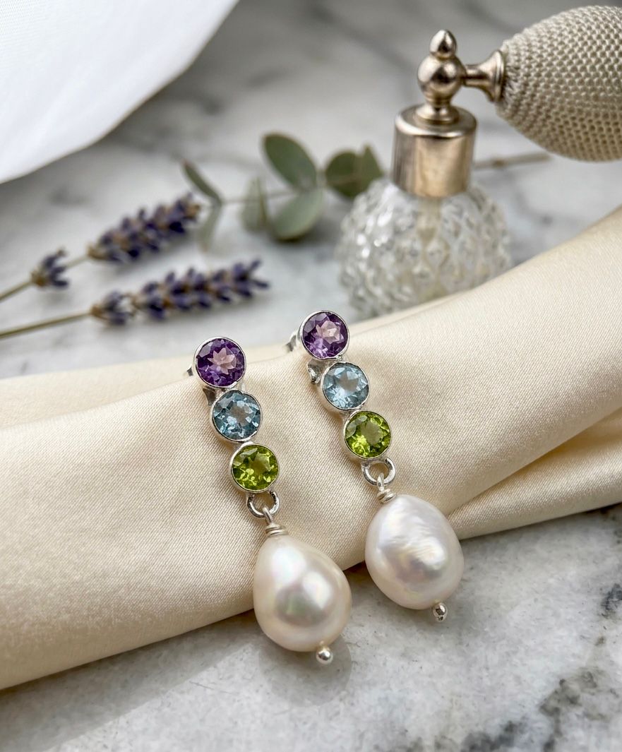 Amethyst Topaz Peridot Pearl Earring – Multi Gemstone Elegant Jewelry