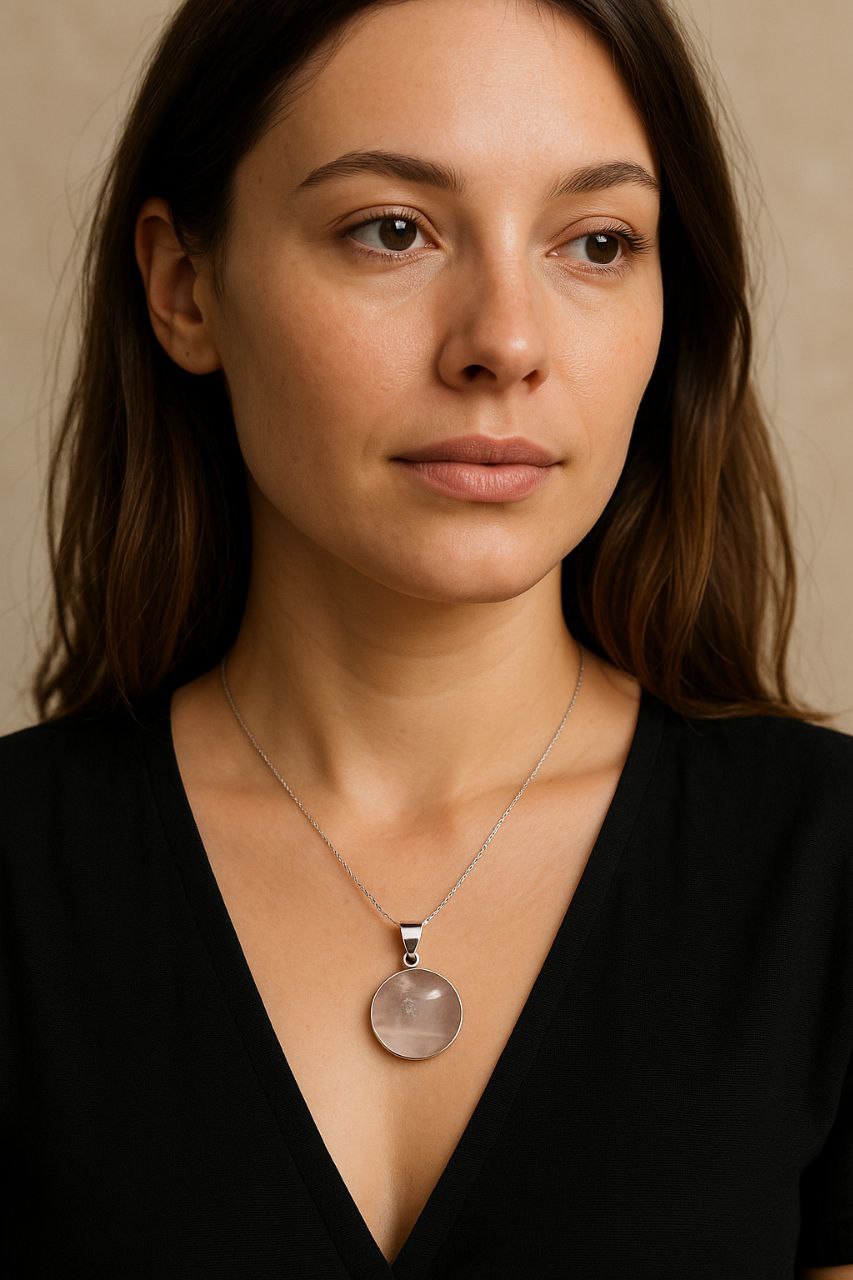 Round Rose Quartz Pendant – 925 Sterling Silver Handmade Healing Stone Necklace