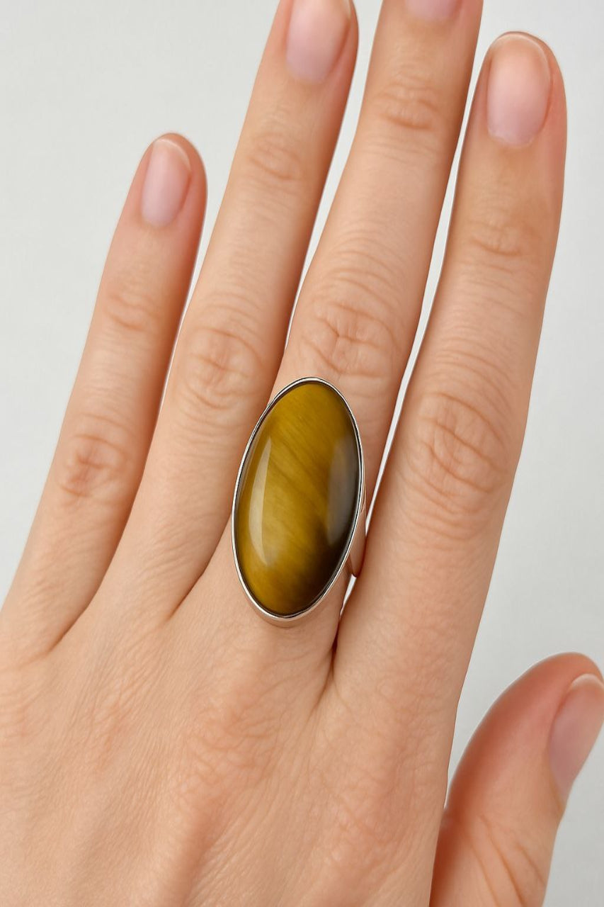 Tiger’s Eye Oval Ring in 925 Sterling Silver – Handmade Statement Gemstone Ring